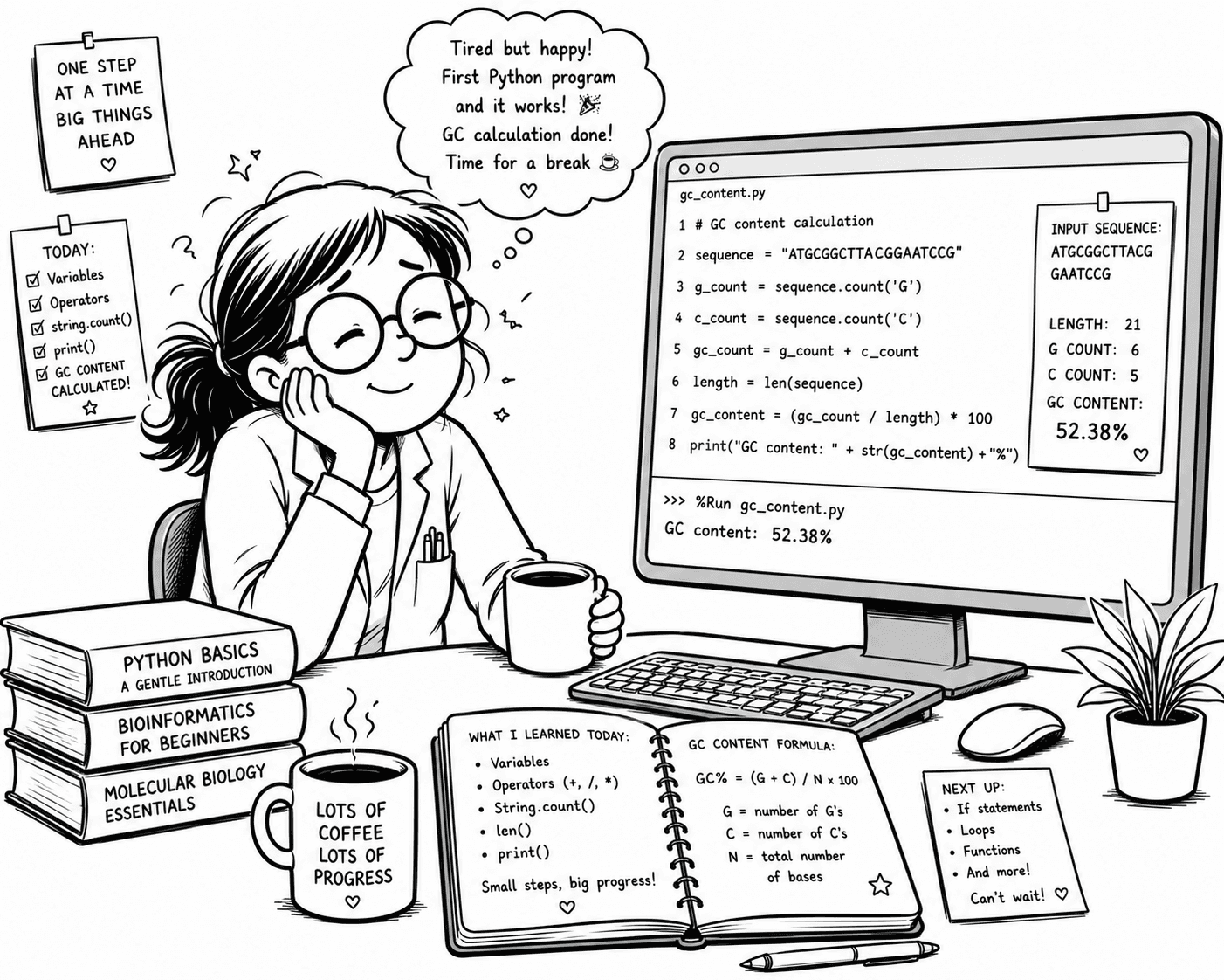 Biology student smiling at her finished GC content program β checklist of today's concepts, the running code, and the GC formula.